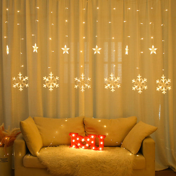 Cross-border LED Christmas curtain lights Indoor supermarket window Wedding decoration Pentagonal stars Snowflake Internet celebrity curtain lights