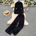 Light mature style wear women's summer wear sense of design drawstring straps waist long sleevesshirt high waist wide leg straight-leg pants suit