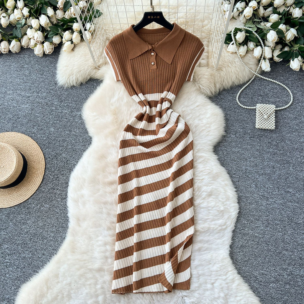 Korean chic niche retro fashion color block diagonal stripe dress - women's slim fit bodycon knit mini dress with slit