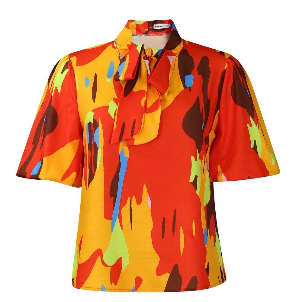 D561 women's foreign trade   new fashionable elegant printed tie-up puff sleeve short-sleeve blouse top