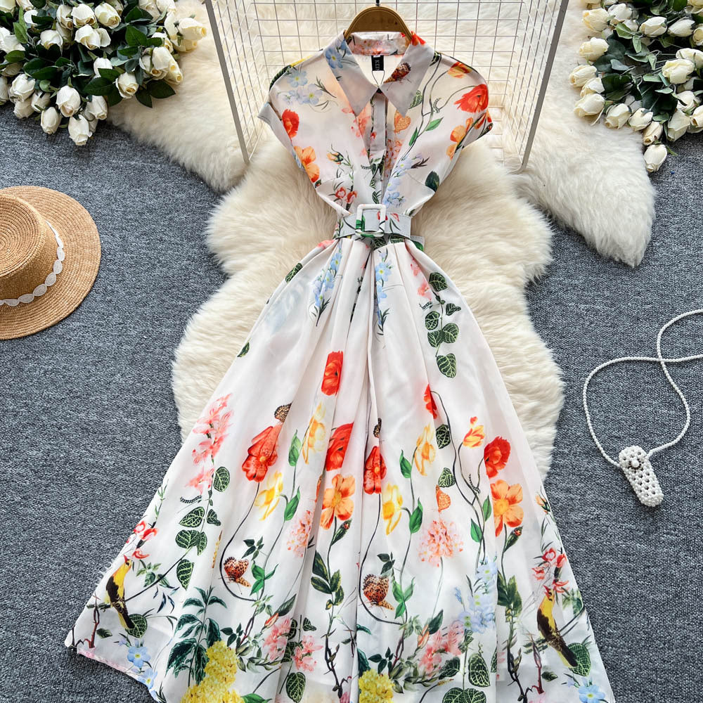French fashion polo collar short sleeve waist dress women's summer classy slimming lookelegant large swing printing long skirt