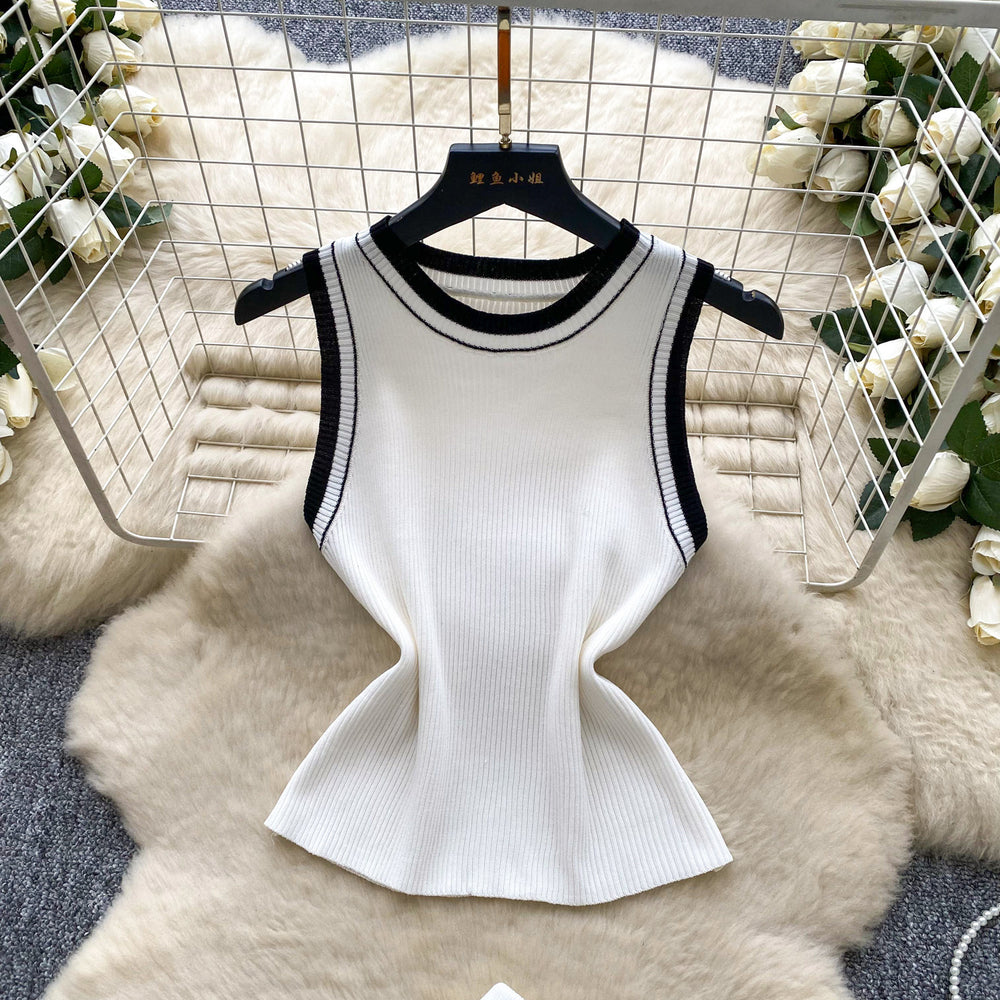 Trendy twee twee style two-piece set for women: autumn fashion color block crew neck sleeveless knit top & bodycon mini skirt