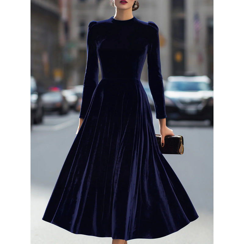 Fashion cross-border exportdress new arrival gold velvet round neck long sleeves dress