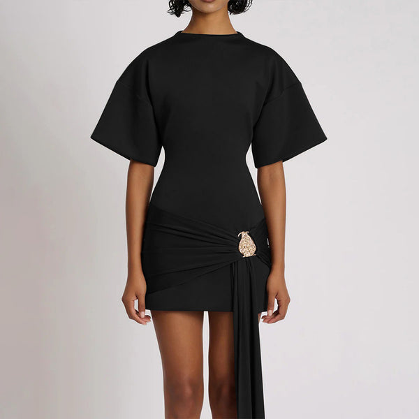 European and American style  hot-selling new products solid color round neck hip skirt sexy waist half-sleeve streamer pleated dress