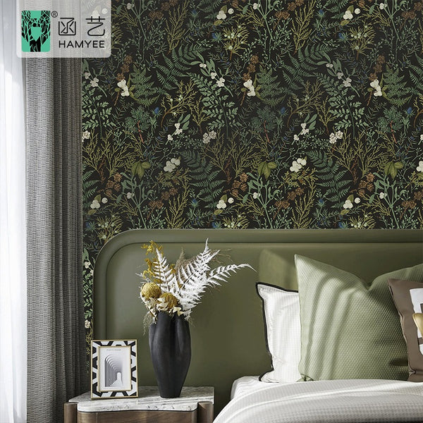 Cross-border retro wallpaper green grass flower plant wallpaper thickened self-adhesive sticker TV background wall paper