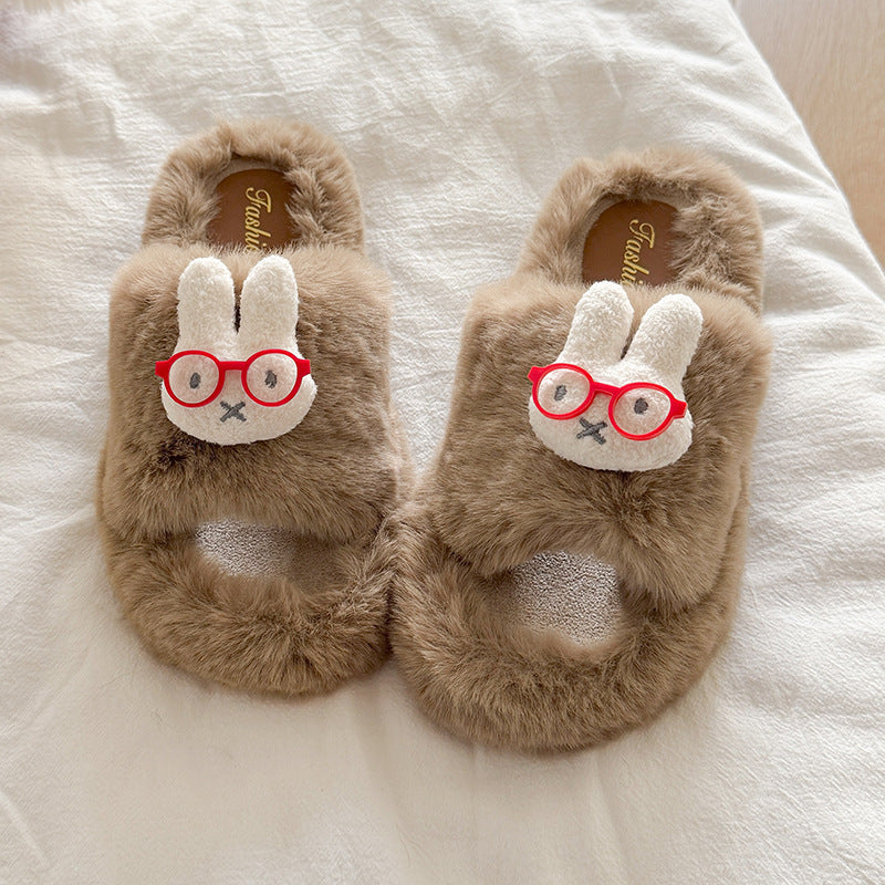 Glasses rabbit cute furry slippers women's korean style trendy cotton slippers comfortable casual thick sole warm home slippers