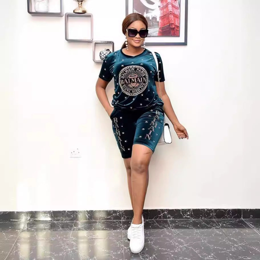 Export african women's sportswear set - t-shirt and shorts outfit with rhinestone lettering and beaded embellishments - casual, fashionable european and american style clothing