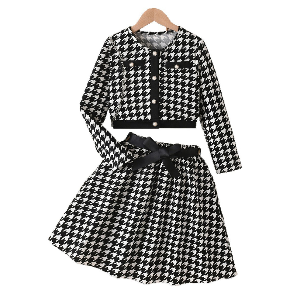girl's tweed stylesuit chidori plaidlong sleevesoutwearbows belt skirt kidstwo-piece set