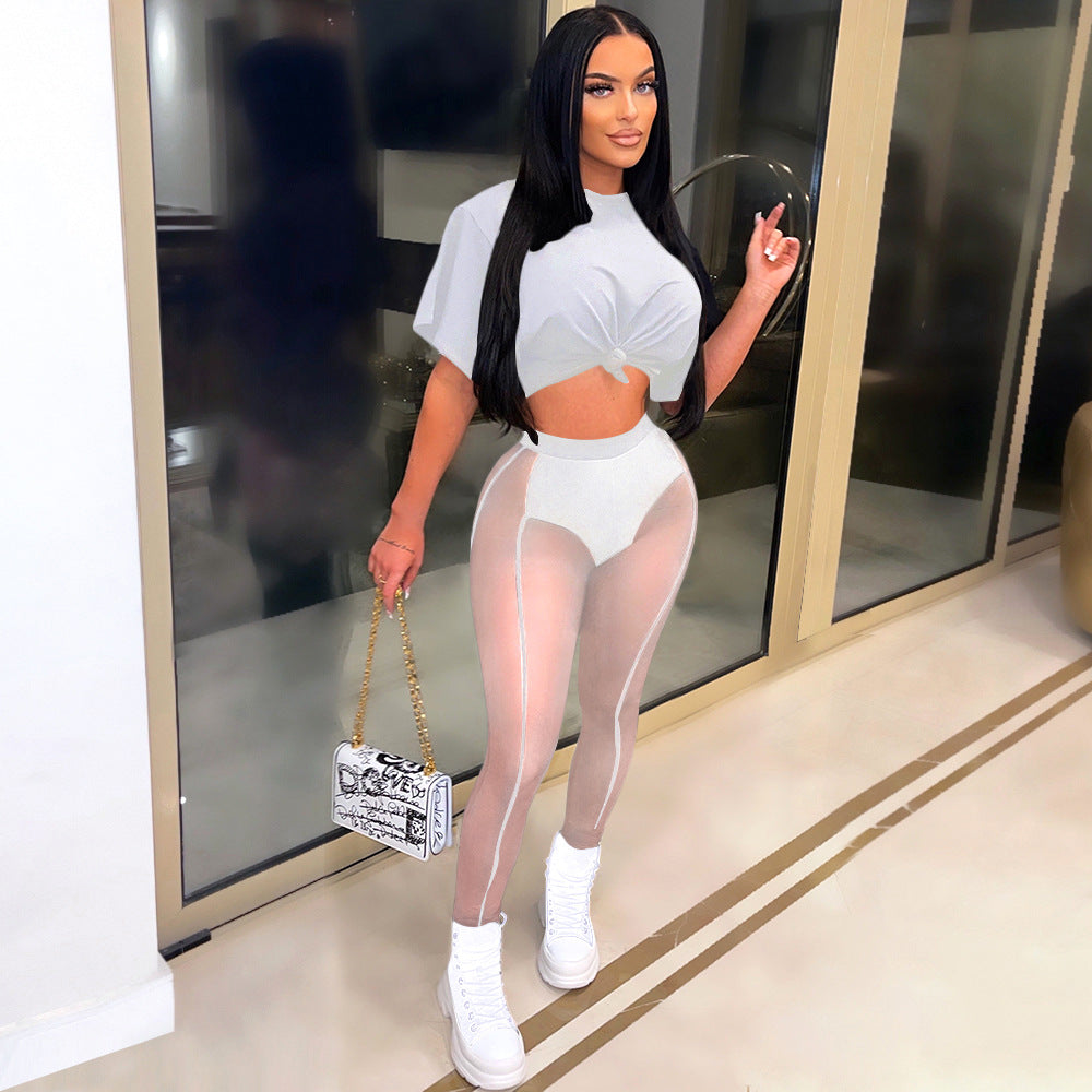 S390279 Cross-border  eBay Women's Sexy Perspective Splicing Short Sleeve T-Shirt Mesh Pencil Pants Suit Women