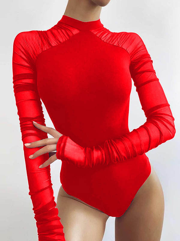 European and American autumn new women's clothing semi-turtleneck fashion mesh stitching long-sleeved slim-fit Spice Girl one-piece solid color bottoming shirt