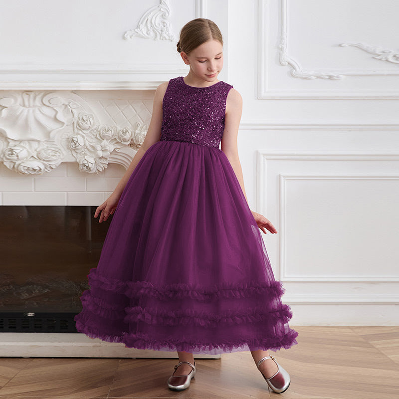 Girls' formal dress - high-end runway mesh skirt, vest dress, elegant hostess style, customized for children's piano recitals, european and american style