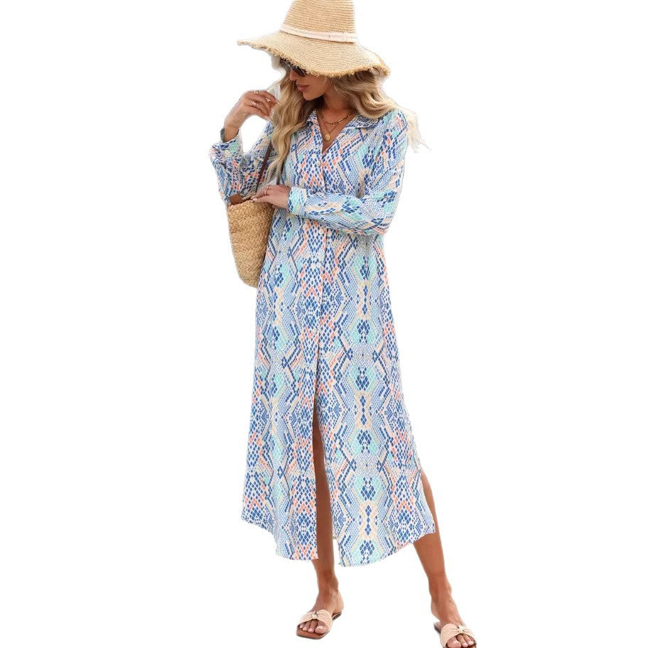 new european and american  cross-border printed casual beach vacation maxi dress