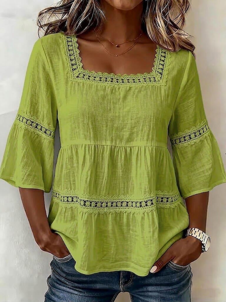 cross-border  summer solid color casual square neck cotton linen lace trimmed three-quarter sleeve top for women