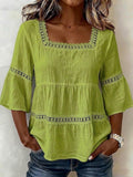 cross-border  summer solid color casual square neck cotton linen lace trimmed three-quarter sleeve top for women