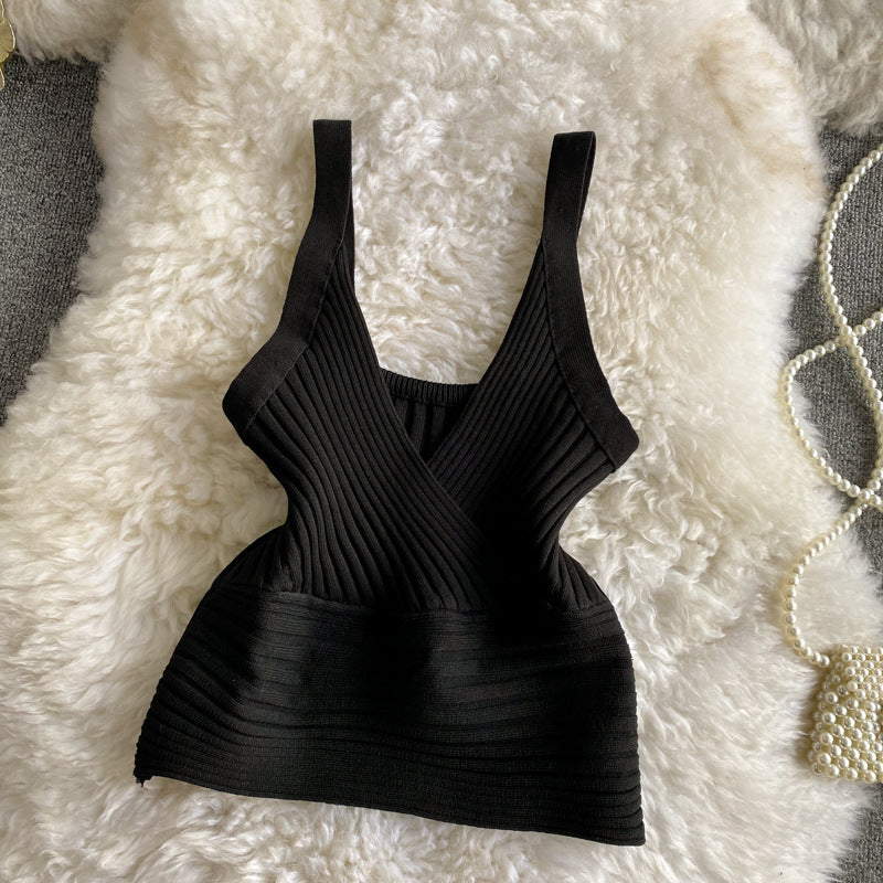 Retro pit knitting vest v neck inner wear pure colorhigh waistbacklessfashion street short silm suspender tops