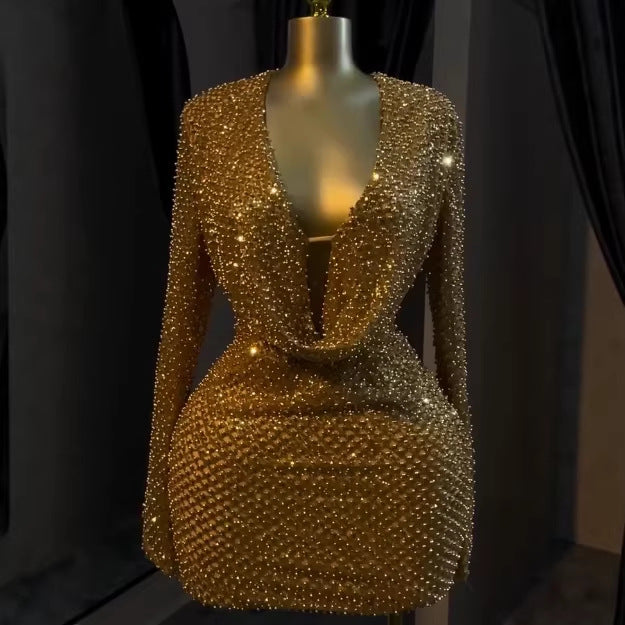 European and american  cross-border women's autumn dress - unique street style sexy cutout sequin beaded evening gown