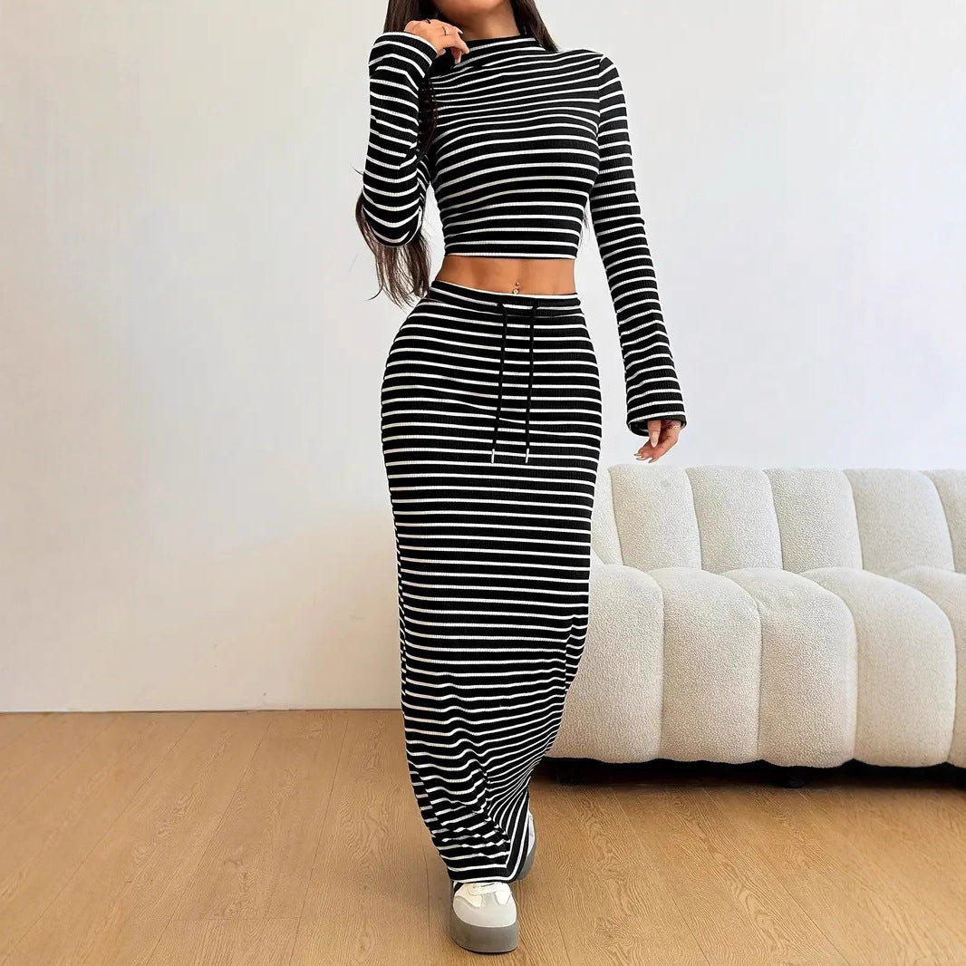 Cross-border European and American women's clothing solid color fashion striped suit semi-turtleneck long-sleeved top drawstring waist long skirt two-piece set