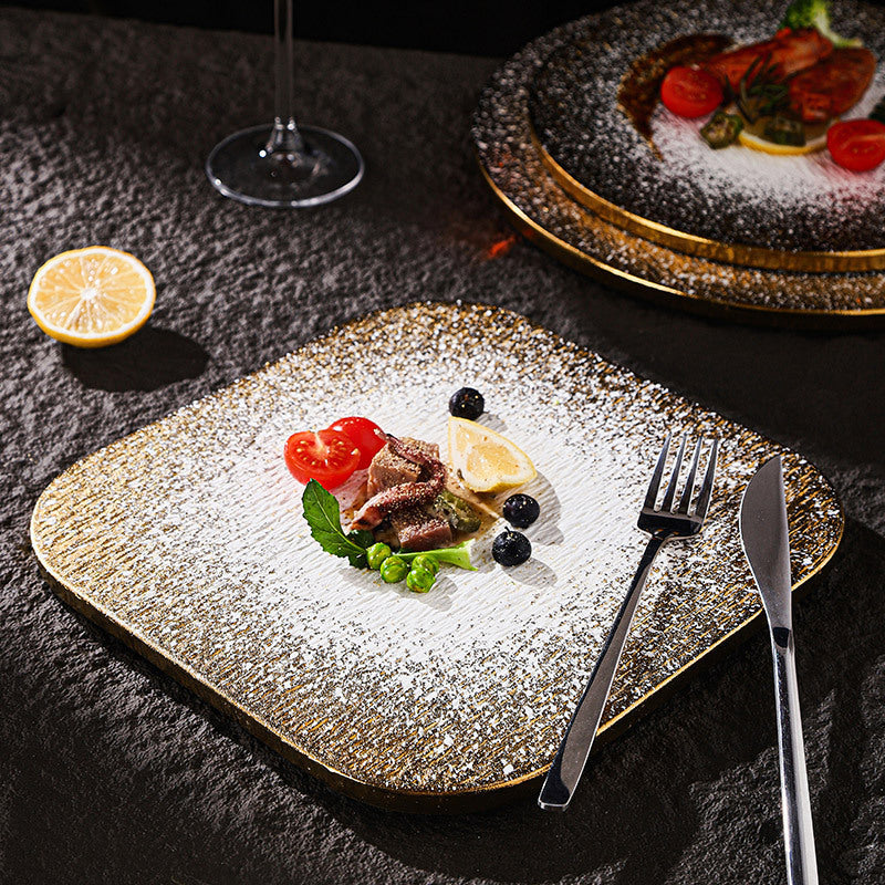 Minimalist gold matte western dinner plate - hotel & restaurant steak serving dish - stone texture square/round ceramic flat plate