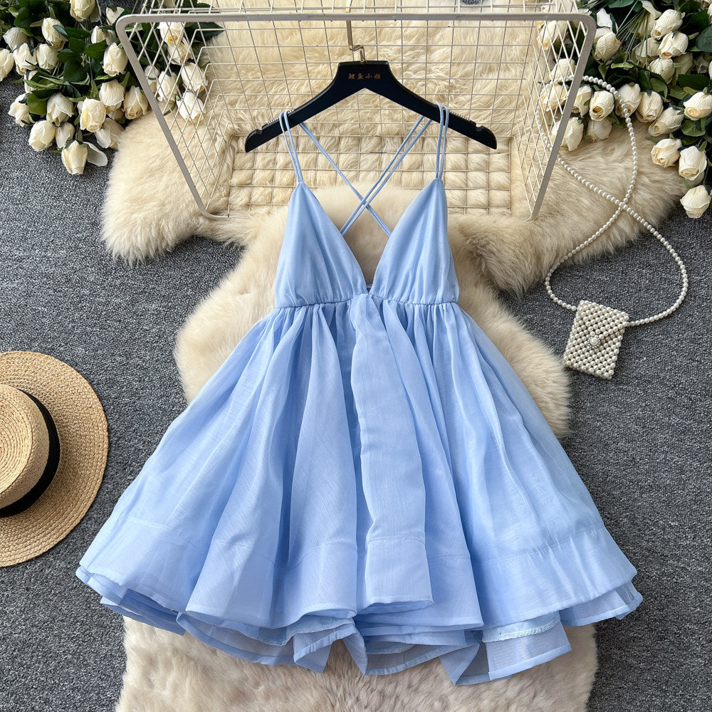 Dopamine dress: yellow cami dress for women, summer korean style v-neck backless tie-up a-line dress, slimming vacation style