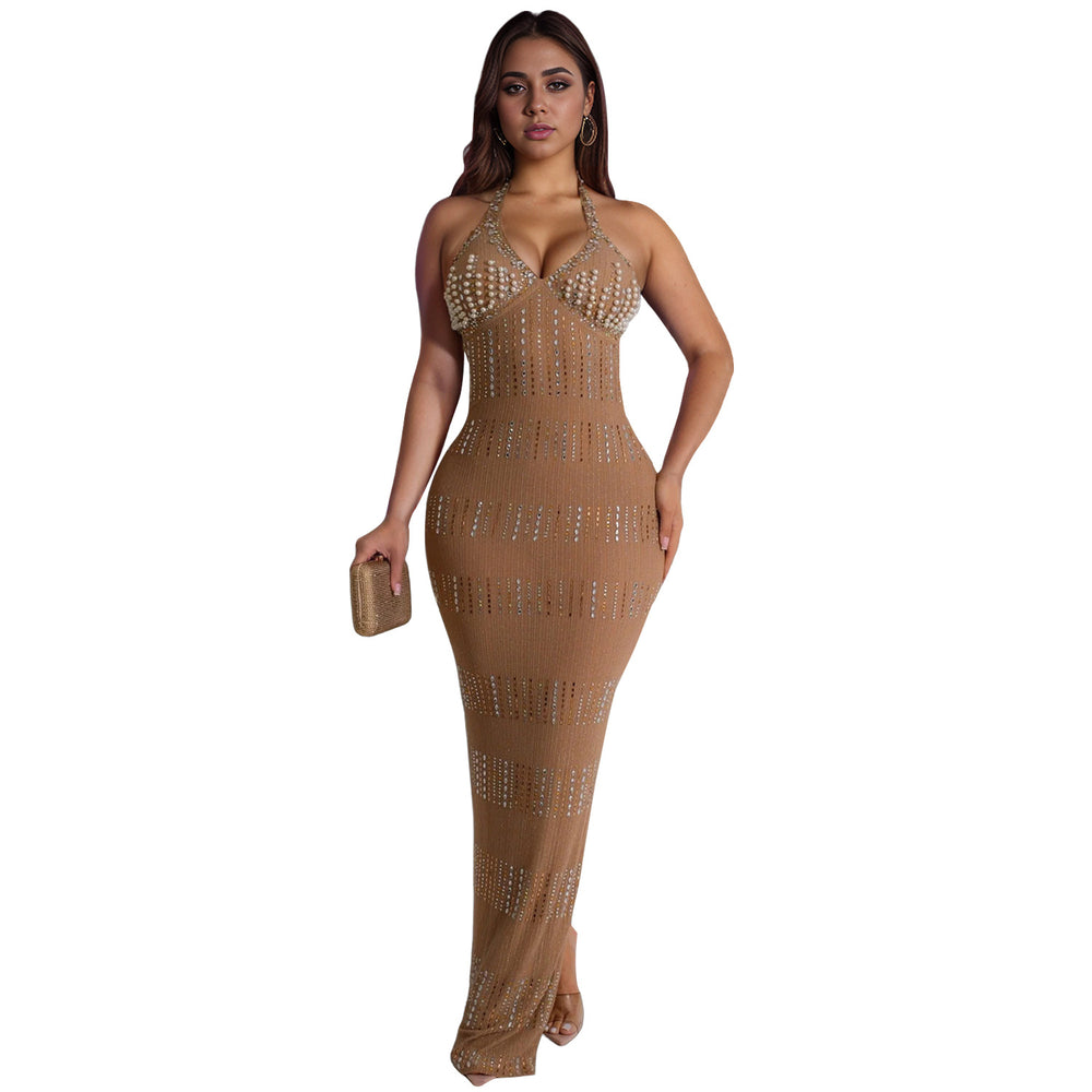 C7075 cross-border   independent station fashion women's lace hot diamond deep v sleeveless dress