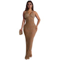 C7075 cross-border   independent station fashion women's lace hot diamond deep v sleeveless dress