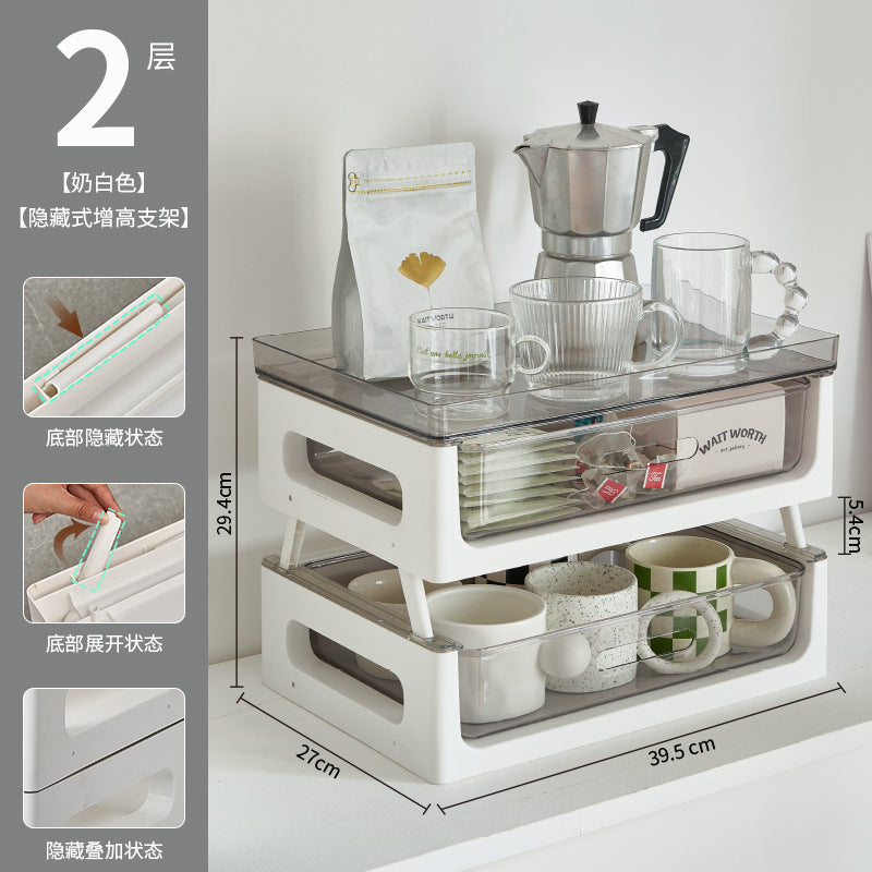 Drawer type desktop storage Plastic multi-layer transparent shelf Tea room Dust-proof cup Tea bag Coffee storage box