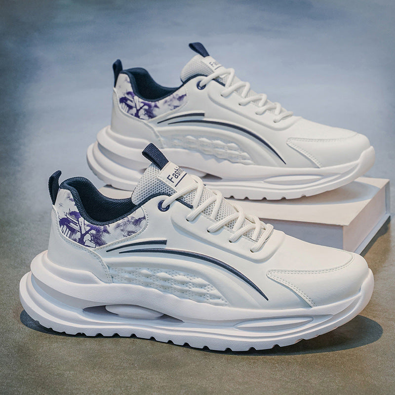 Sports breathable men's shoes spring leather shock-absorbing running shoes youth soft bottom lightweight student white daddy trendy shoes