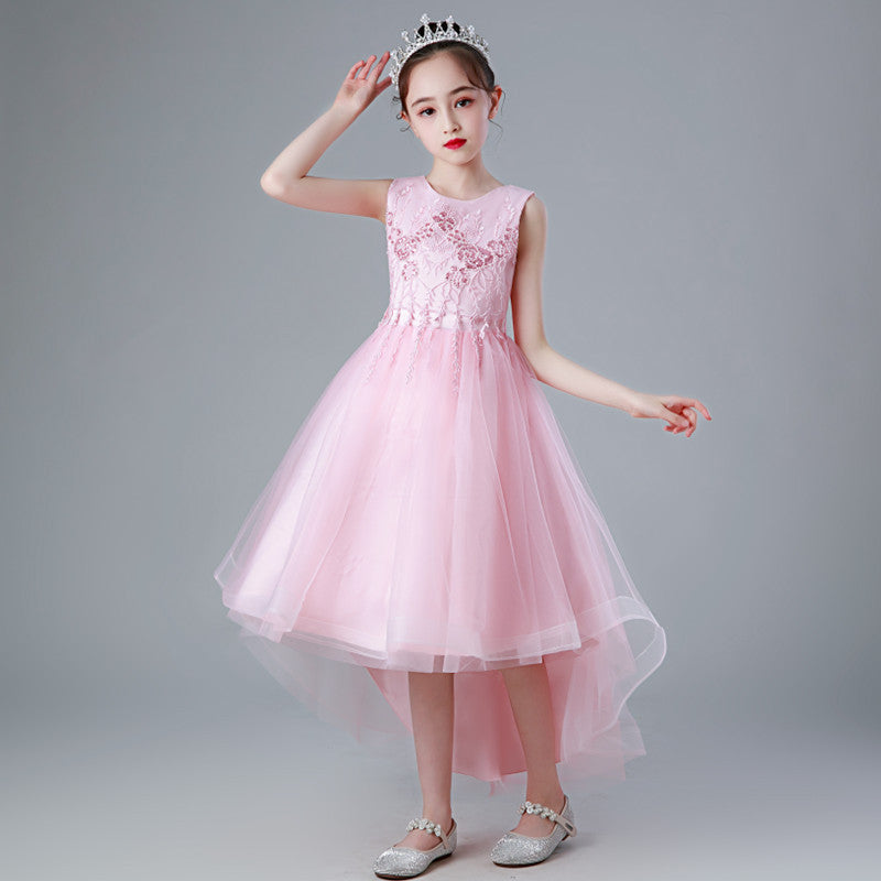 summer girls' tulle princess dress with train - sizes 3-13 years, mid-to-large children's formal dress, floral kids' dress