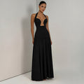 Amazon summer  new women's elegant solid color halter neck low-cut sexy patchwork backless evening dress