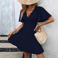 Summer new arrival: deep v-neck ruffle sleeve solid color shirred dress
