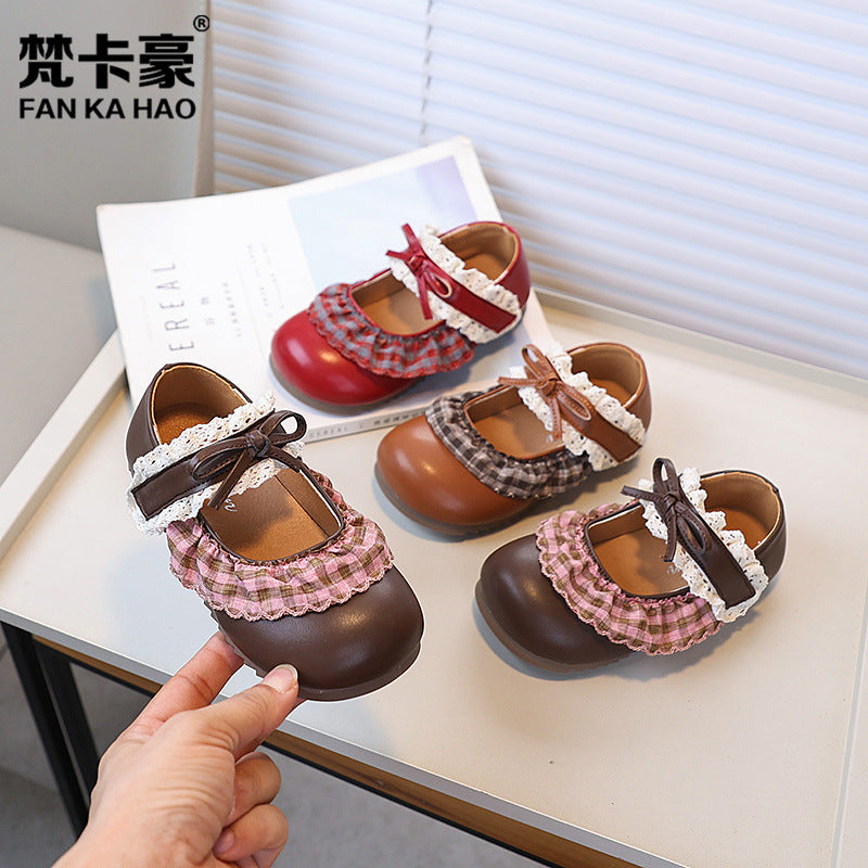 Vancahao kids' lace-up leather shoes,  autumn new collection, korean style girls' fashion soft sole bow princess shoes