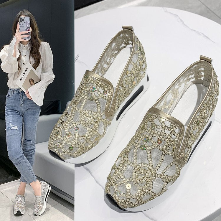women's fashion flat heel hidden wedge mesh breathable casual flats - supports cross-border platforms and dropshipping