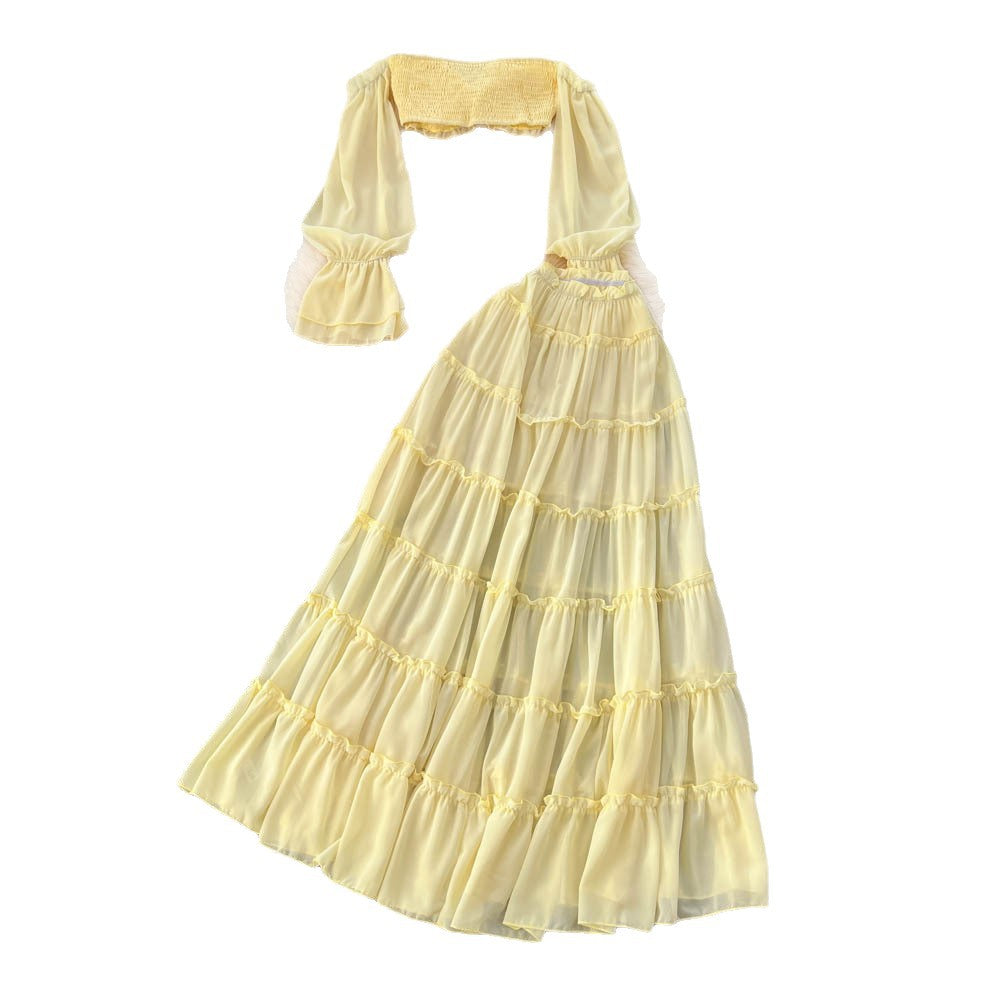 Vacation style elegant one shoulder shorttube top navel exposed chiffon tops high waistruffles skirt hot girl suit