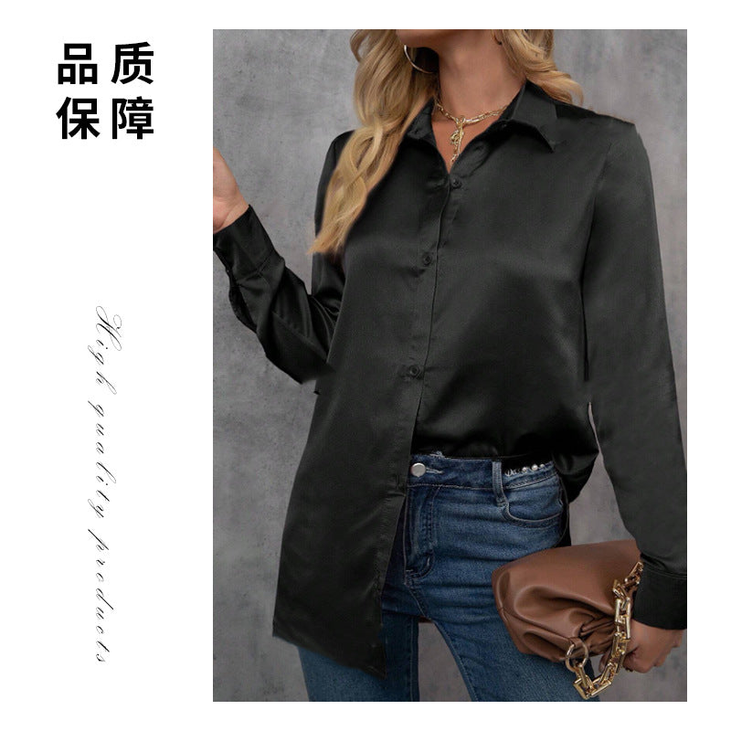European and american chic satin long-sleeve blouse - new spring/summer solid color loose fit faux silk satin top