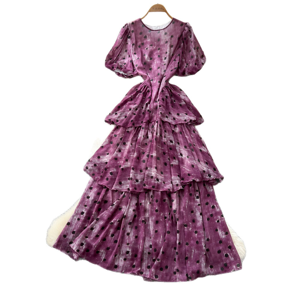 French sweet style purple polka dot a-line dress - women's summer korean style puff sleeve high waist tiered dress - slimming