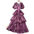 French sweet style purple polka dot a-line dress - women's summer korean style puff sleeve high waist tiered dress - slimming