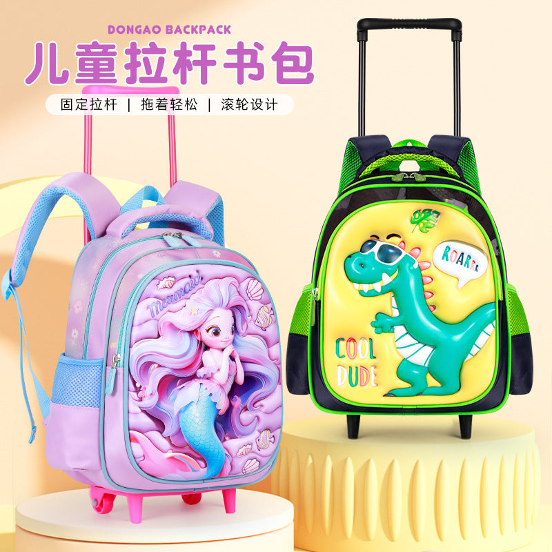 2026 new 3d dinosaur kindergarten trolley backpack - large capacity, lightweight, and easy-push cart backpack
