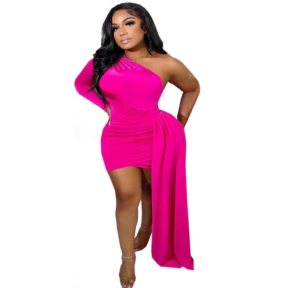 European and american export women's clothing -  cross-border fashion, unique one-shoulder, long-sleeve, asymmetrical sexy dress