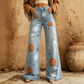 Fashionjeans women's light blue washed pumpkin ghost skull printing high waist slightly flared denim pants export