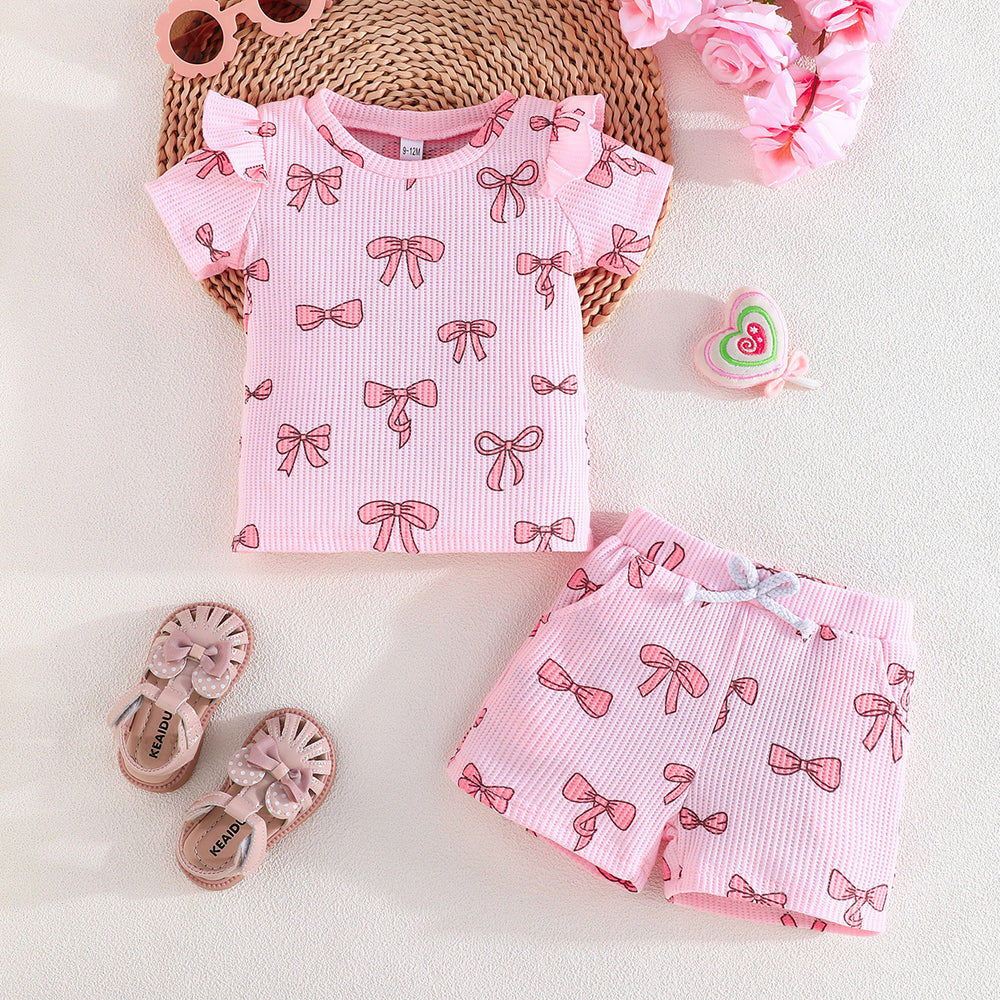 european and american girls' short-sleeve top and shorts set - bow print summer fashion two-piece outfit