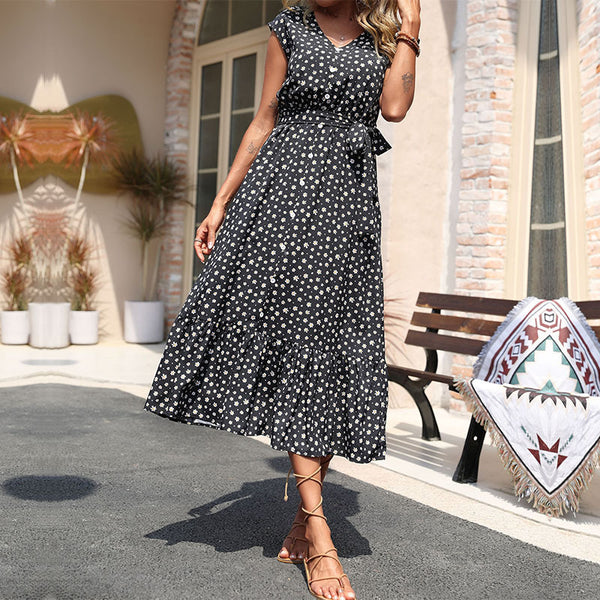 Independent Station Foreign Trade Summer 2023 New European and American Cross-border Women's Clothing Black Sleeveless Floral Dress