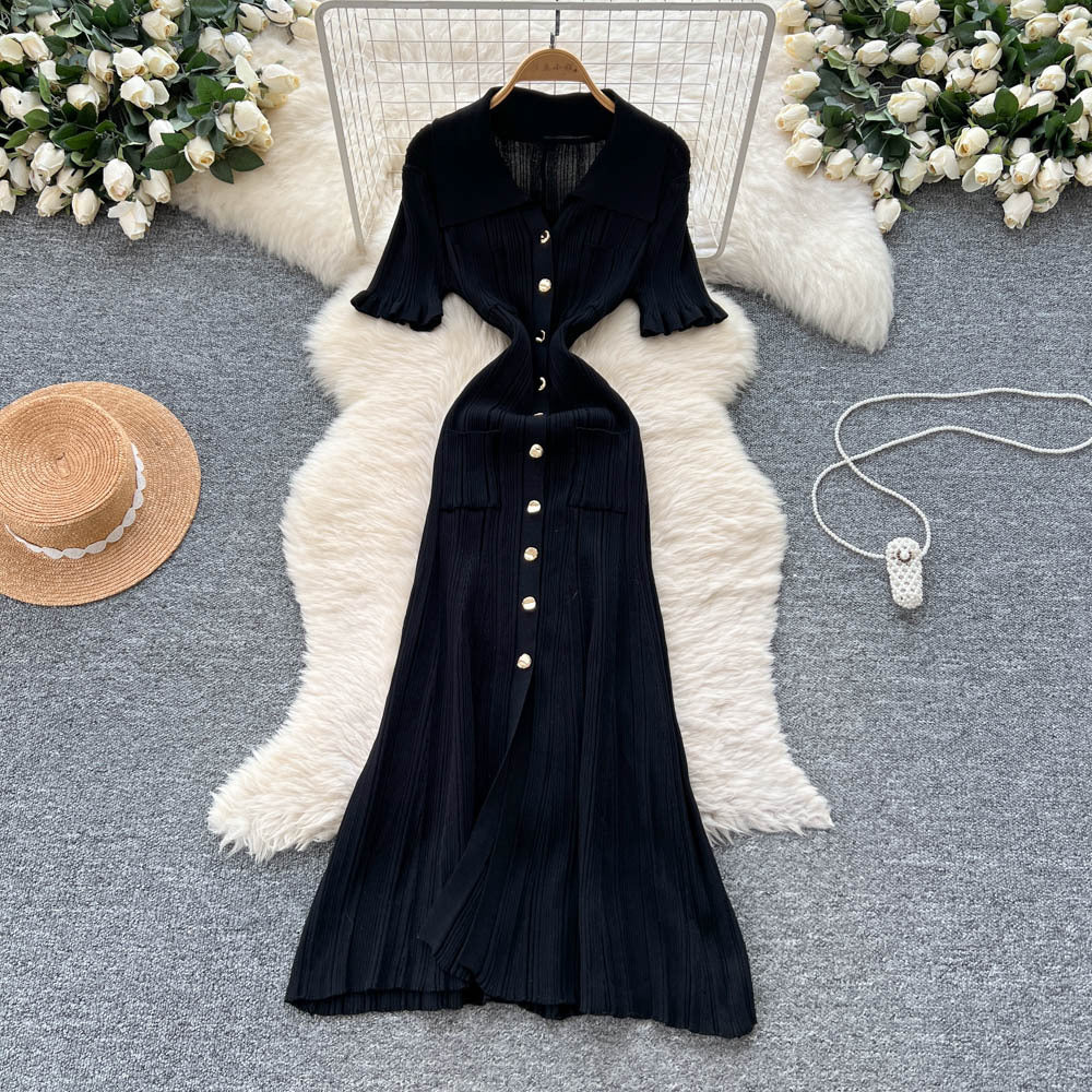 Korean style minimalist design turn-down collar knitted dress - women's summer slim fit, single-breasted, elegant long dress