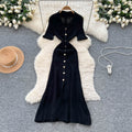 Korean style minimalist design turn-down collar knitted dress - women's summer slim fit, single-breasted, elegant long dress