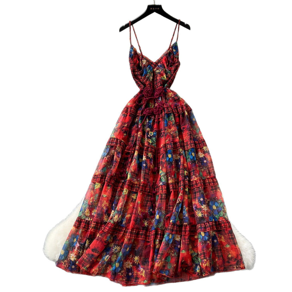 Luxury camisole dress for women -  summer collection: floral print, cinched waist, elegant, maxi length, french style