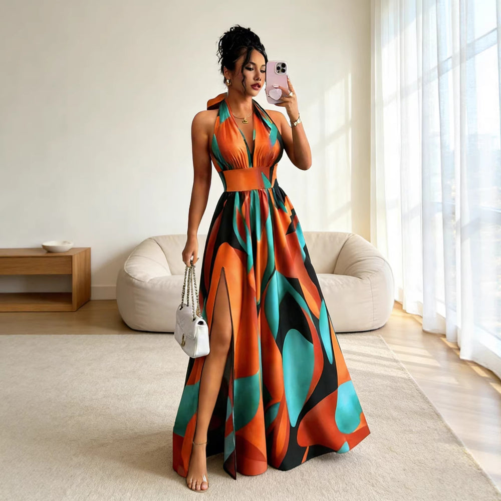 fashion cross-border women's halter v contrast colorprintingdress women's waist slit large swing elegant long skirt