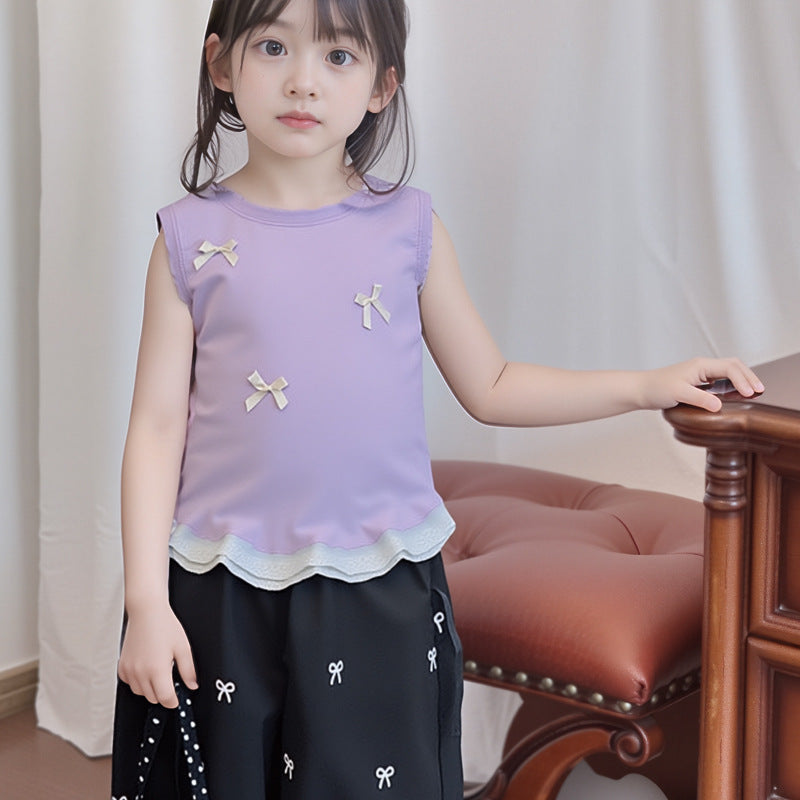 Girls' sleeveless lace-trimmed summer top,  new style: stylish sleeveless lace tank top with bow detail, versatile vest