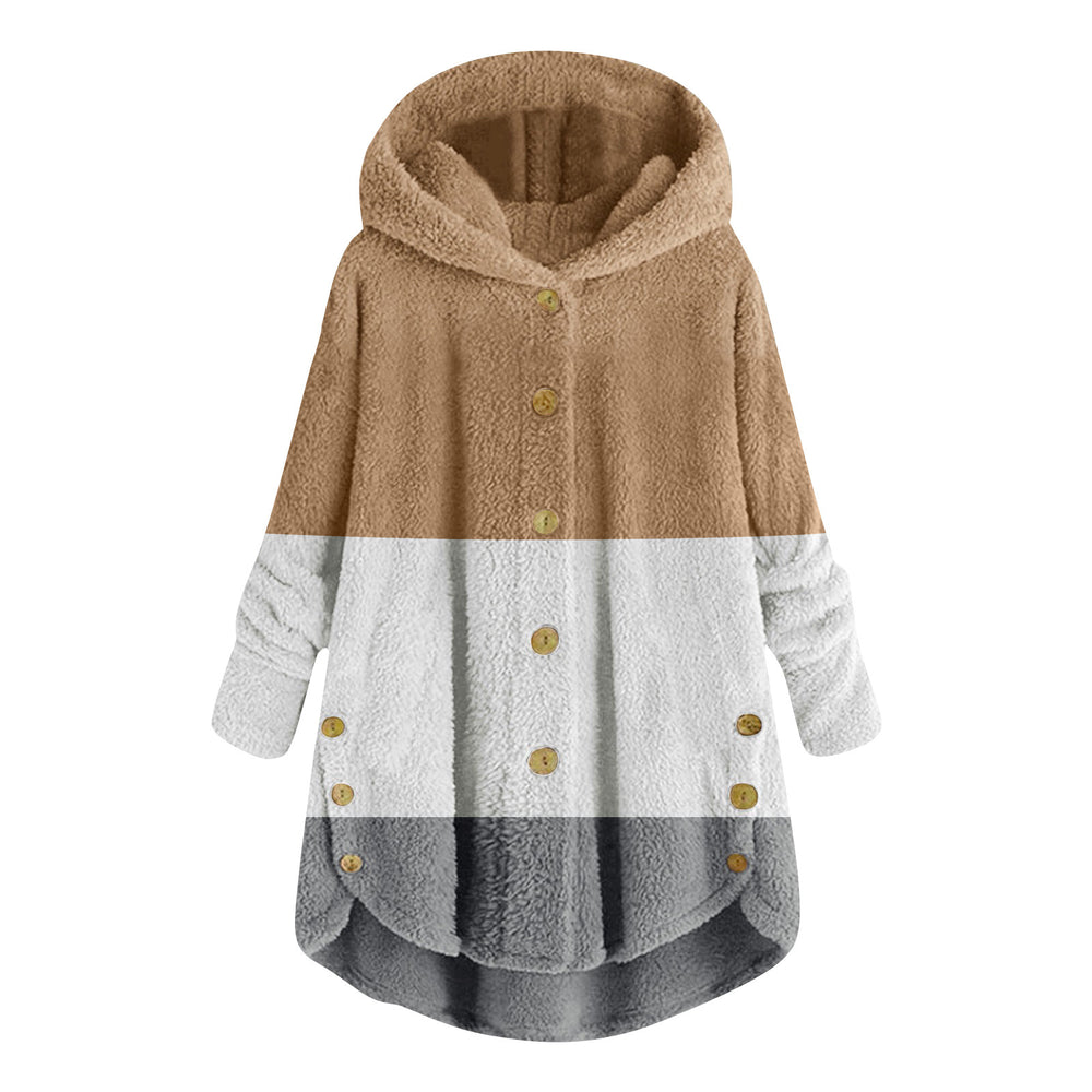 new fashion women's european and american button-down plush top color block multi-color hooded jacket