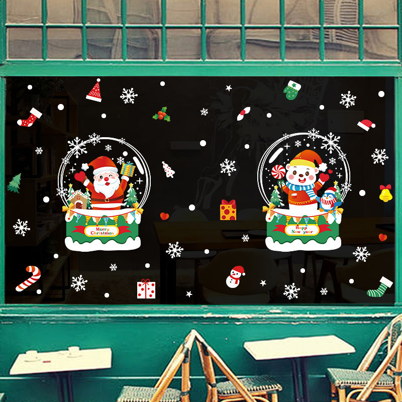 Christmas decorative glass door sticker shop window scene arrangement Santa Claus glass ball snowflake glue-free static sticker