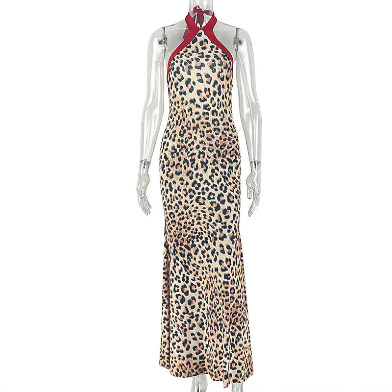 Fashion style cross-border leopard print women's clothing printingsilmpatchwork hip skirt halter neck sleeveless elegant street dress