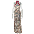 Fashion style cross-border leopard print women's clothing printingsilmpatchwork hip skirt halter neck sleeveless elegant street dress